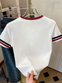 Resyla 女士夏季新款时尚百搭短袖T恤，饰有小马标志和撞色条纹 - 白色 - 查看 2