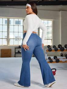 SHEIN FlexDen Quần jean ống loe co giãn dáng rộng dành cho nữ cỡ lớn - Rửa trung bình - Xem 3