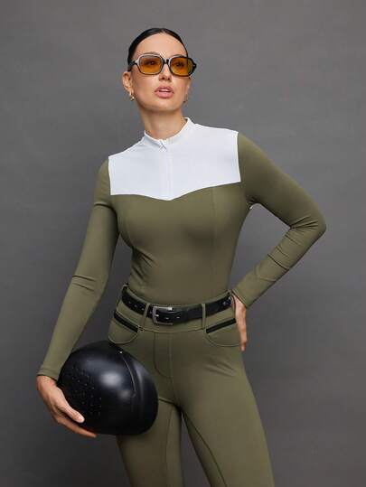 Activina Women's Fitted Color Block Equestrian Jacket With Stand Collar And Long Sleeves