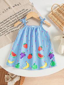 SHEIN Playful Pals 女婴服装 女婴连衣裙 全花卉图案 吊带蝴蝶结 夏季优雅清新连衣裙 - 藍色 - 查看 6