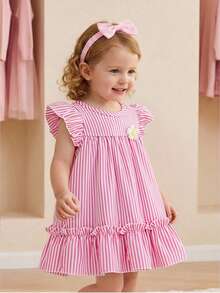 SHEIN Baby GirlColorful Striped Floral Trim Casual Cute Dress With 3D Flower Decor, Spring/Summer - Pink - View 5