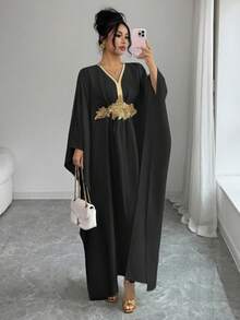 SHEIN Elenzya 金色滚边装饰优雅收腰修身中长连衣裙 - 黑色 - 查看 4