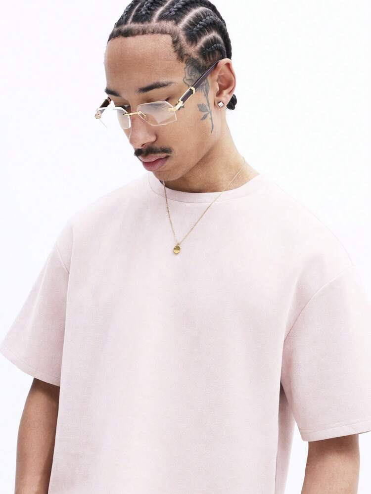 Boxy Fit Embroidered Suedette Tee With Crew Neck