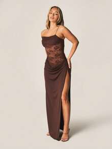 MISSGUIDED Vestido largo con escote descubierto, Body de encaje, abertura lateral y drapeado fruncido para fiesta de noche - Café integral - Ver 4