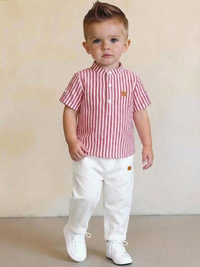 SHEIN 2 Stücke Baby Jungen Lässig Schulstil graues Hemd mit Stehkragen & gestreifte Hose mit Gummibund, geeignet für Geburtstag, Abendparty, Aufführung, Hochzeit, Babyparty, 1. Geburtstagsfest