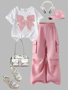 SHEIN ChillGRL 2 件套青少年女孩休闲蝴蝶结刺绣图案 T 恤和工装裤套装，适合春夏季时尚 - 粉色 - 查看 4