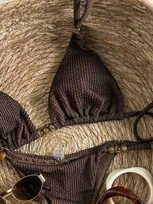 Swim Mod Women's Jacquard Fabric Beaded Halter Bikini Set, Spring/Summer - Brown - View 5