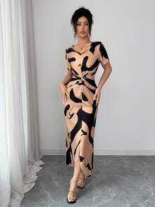 Elenzga Đầm hè thanh lịch dành cho nữ, cổ chữ V phối màu tương phản, vạt trước xoắn bất đối xứng. - Nhiều màu - Xem 6