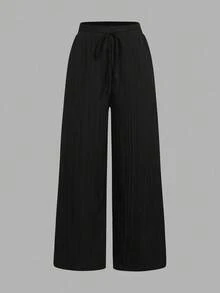Set Of 3 High-Waisted Loose Straight-Leg Trousers With Drawstring And Pockets, Solid Color And Versatile, Suitable For Spring/Summer - Burgundy - View 8