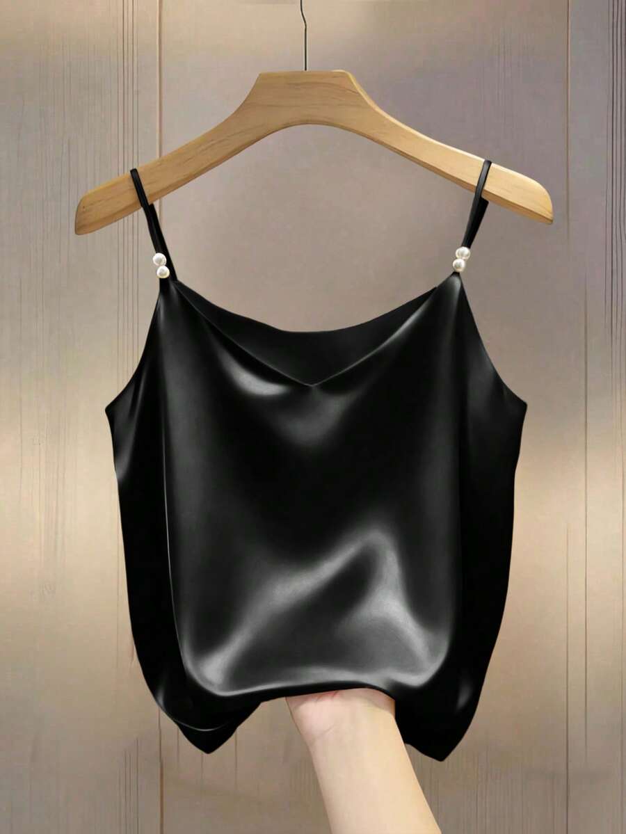Qadelle Elegant Commuter Chic French Style V-Neck Satin Camisole Top With Pearl Decor For Women - Black - View 1