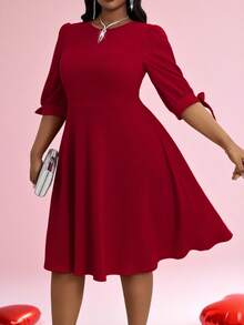SHEIN Lady Frühlings- und Sommer-, Herbst- und Winterelegante Party-, Pendler-, Hochzeits-, Valentinstags-, Cocktailparty-, Büro-Rotes gestricktes Kleid mit rundem Ausschnitt, Ballonärmeln, Schleife und Midi-Länge, Dreiviertelärmel, Große Größen, Neujahrs-Outfit, Urlaubskleidung, Urlaubskleid, Silvesterparty-Kleid, Silvesterkleid, Silvesterparty-Kleid - Bordeaux - Übersicht 3
