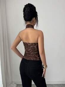 Rafferiza Women's Vacation Casual Ruched Leopard Print Halter Top - Multicolor - View 2