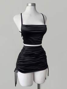 Franclia 性感吊带背心和收腰迷你裙两件套 - 黑色 - 查看 3