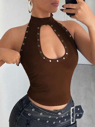 Jeanoix Women's Fashion Rivet Hollow Front Tight Halter Neck Tank Top, Summer Brown Top Sexy Tops For Club Brown Studded Top Women Sexy Tops