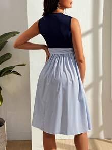 GentleRue Maternity Đầm bầu không tay kẻ sọc thắt nơ - Màu xanh lam - Xem 2