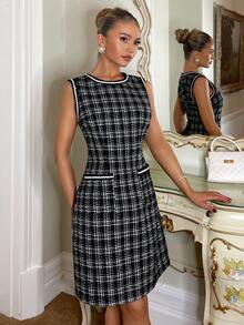 Glamine Charm Women's Elegant Elegant Lady-Like Floral Print Contrast Tape Trim Sleeveless Waist Cinched Dress, Summer - Black - View 4