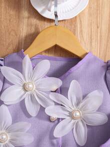 Souflis Everyday Casual Young Girls Purple Polyester Co-Ord Set With Floral Embellishments Round Neck Puff Short Sleeves And Short Length - Purple - View 6