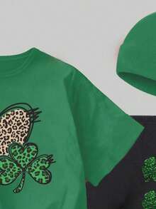 Bộ đồ thể thao thoải mái, đa năng, sáng tạo dành cho bé gái, gồm áo thun ngắn tay và quần legging in hình cỏ ba lá may mắn và họa tiết da báo hình trái tim, chủ đề Ngày Thánh Patrick, kèm quần legging và áo thun tay ngắn tay cùng quần legging. - màu đen - Xem 5