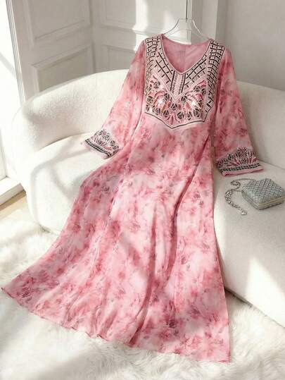 Al Najma Elegant Floral Print Chiffon Flare Sleeve Dress, Spring/Summer  Modest Full Length Jalabiya, Casual Long Sleeve Maxi Dress Abayas Dubai Luxury For Evening Party/Wedding Guest/Anniversary