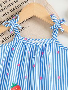 SHEIN Playful Pals 女婴服装 女婴连衣裙 全花卉图案 吊带蝴蝶结 夏季优雅清新连衣裙 - 藍色 - 查看 3