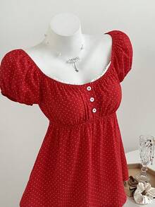 Elamini Áo sơ mi nữ tay ngắn cổ vuông in chấm bi thoải mái - Đỏ - Xem 4
