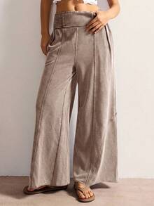 Bohemela 女士休闲纯色针织宽松阔腿水洗裤 - 鏽棕色 - 查看 6