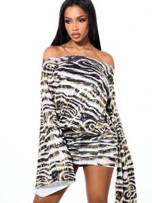 SUMWON Plus Size Off Shoulder Long Sleeve Abstract Print Mini Dress With Tie Back Detail - Black - View 1