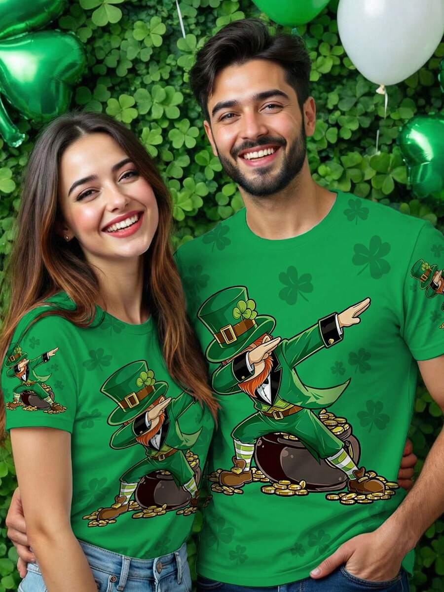 Manfinity Homme Men's St. Patrick's Day Romantic & Fun Pattern T-Shirt, Couple T-Shirt, Green Four-Leaf Clover, Suitable For Party, Unisex - Multicolor - View 1