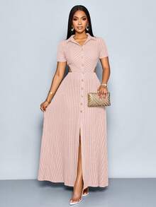 SOLERSUN 女士优雅V领纹理面料开襟纽扣短袖长裙 - 淺粉色 - 查看 5