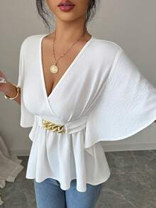 SHEIN Elenzya Áo kiểu nữ thời trang mới, màu trơn, cổ chữ V, chất liệu vải dệt, tay bồng, thắt eo, viền bèo nhún, kiểu dáng thanh lịch, thường ngày, ôm sát. - trắng - Xem 3
