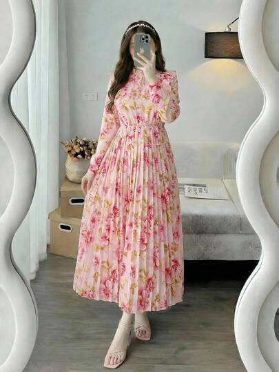 1pc Floral Print Ruffle Collar Long Sleeve Pleated Dress For Teenage Girls, Casual & Sweet, Spring/Summer