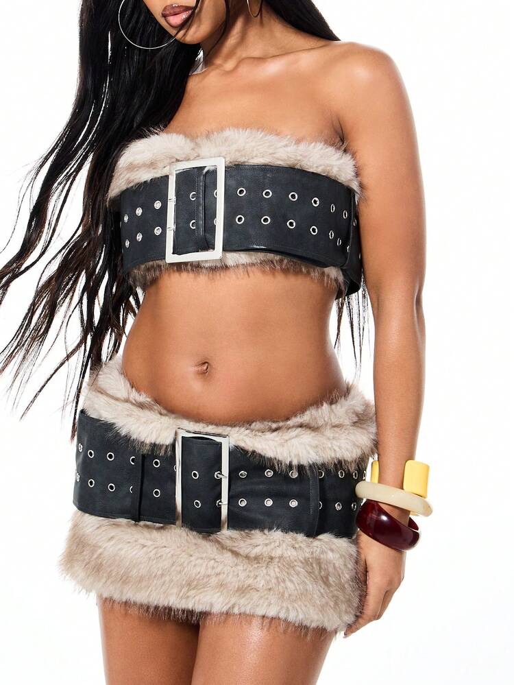 SUMWON WOMEN Belted Bandeau Top With Faux Fur Trim