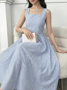 少女度假风方领无袖蓝白条纹优雅中长连衣裙 - 藍色 - 查看 4