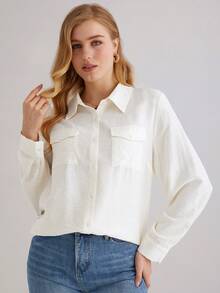 Parysyn 女士大码春夏休闲日常舒适长袖翻领衬衫 - 杏色 - 查看 6