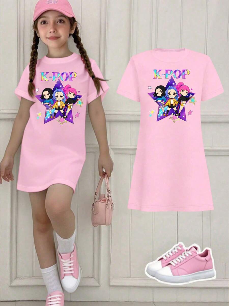 Elladie kids 春夏少女休闲时尚创意个性清新简约可爱酷炫虚拟少女组合卡通人物彩色五角星图案字母标语印花休闲基础款粉色短袖T恤裙,舒适温暖的夏秋款式,适合女孩夏秋氛围穿搭。 - 淺粉色 - 查看 1