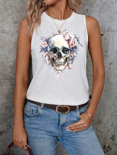 EMERY ROSE Large-Sized Women's Casual, Simple, Skull-Patterned Watercolor Floral Print Loose-Fitting Sleeveless Vest, Suitable For Summer And Back-To-School Seasons.