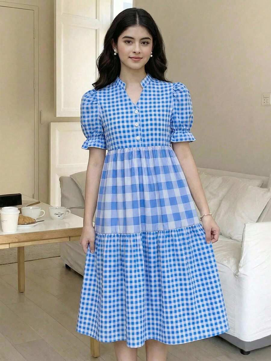 SHEIN 少女翻领格子印花拼接A字休闲连衣裙,适合春夏度假和日常休闲穿着 - 藍色 - 查看 1