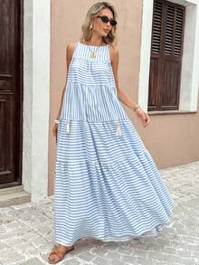Breezaya Women's Romantic Vacation Maxi A-Line Striped Patchwork Contrast Color Dress, Spring/Summer - Multicolor - View 3