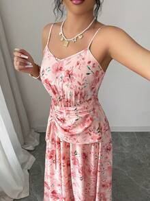 Rafferiza Cinched Waist Drawstring Strap A-Line Dress, Featuring Elegant Digital Printing Design, Suitable For Graduation Ceremony And Vacation Wear - Dusty Pink - View 5