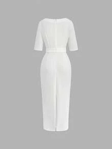 Balvessa Women's Fashion Five-Sleeve Split Waist Button Elegant Bodycon Dress, Suitable For Daily, Vacation, Outing, Party, Spring/Summer - White - View 2