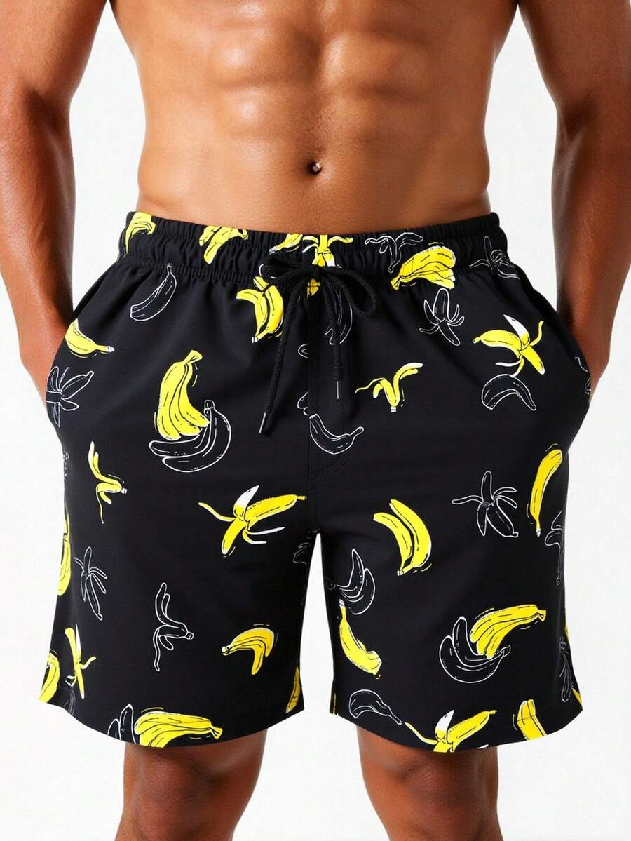 Manfinity Swimmode 男士休闲印花沙滩短裤 - 黑色 - 查看 1