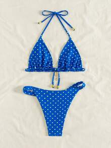 Swim Mod 女士夏季新款撞色波点印花双面露背系带性感比基尼套装，适合海滩度假 - 彩色 - 查看 8