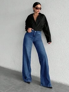 女式休闲水洗高腰阔腿牛仔裤 - 深色水洗藍 - 查看 1