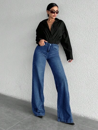 ZIRRA 女式休闲水洗高腰阔腿牛仔裤