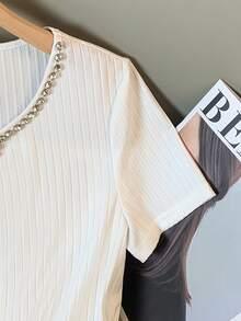 GlowEve Camiseta de manga corta acanalada con adornos de strass 2 en 1 casual para mujer, verano - Blanco - Ver 5