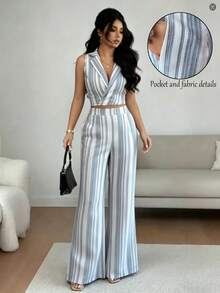 Elenzga New Spring/Summer Textured Linen Blue & White Striped Lapel Sleeveless Top And Casual Flared Dual Pocket Pants Elegant Casual Fashion 2-Piece Set - Multicolor - View 6