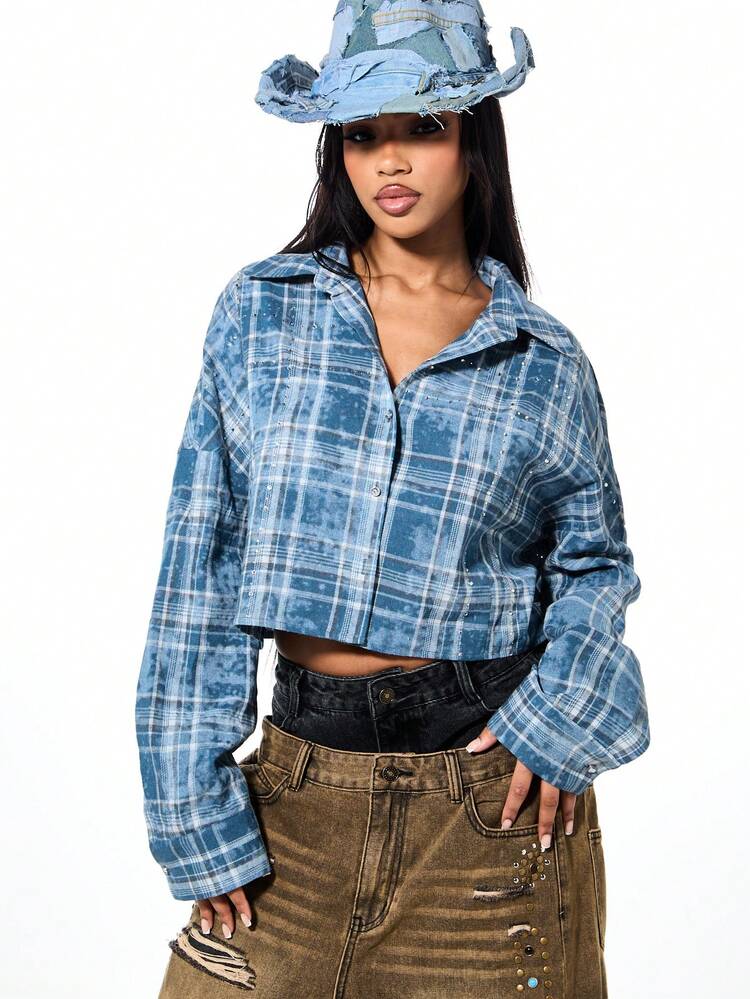 SUMWON WOMEN Oversized Cropped Plaid Button Down Shirt