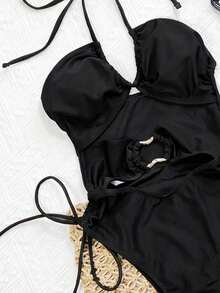 Swim SXY Áo tắm một mảnh hở lưng gợi cảm màu nâu sẫm bóng bẩy, dây rút, trang trí vòng rỗng, dành cho nữ. - màu đen - Xem 3