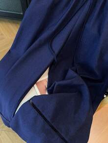 GlowEve CURVE 大码女式新款优雅镂空拼接亚麻质感阔腿裤，宽松休闲百搭直筒裤，夏季 - 寶藍色 - 查看 3