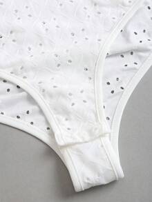 Sweetra Women's Vacation Style French Retro Ruffled Drawstring Embroidered Slim Fit Bodysuit, Spring/Summer - White - View 7